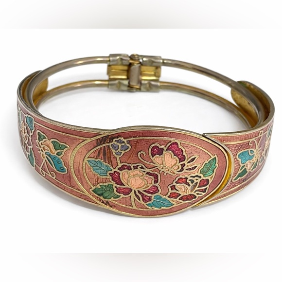 Vintage Jewelry - Vintage Cloisonné Floral Enamel Hinged Bangle Bracelet – Boho Statement
